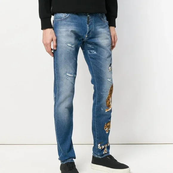 Philipp Plein Men's Blue Straight Leg Tiger Jeans - Picture 2 of 8